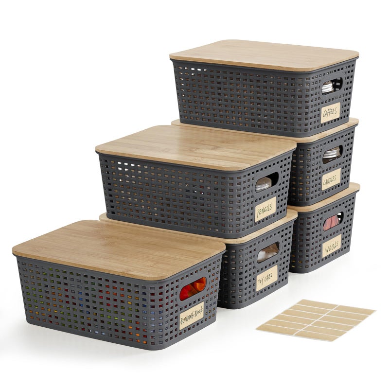 Bagnizer Plastic Storage Bins with Bamboo Lids Stackable Box Basket Pantry Decorative Containers Cute with Lable for Organizing Desktop Closet Office Gray of 6 packs 10 * 7.2 * 4.1' - Image 1